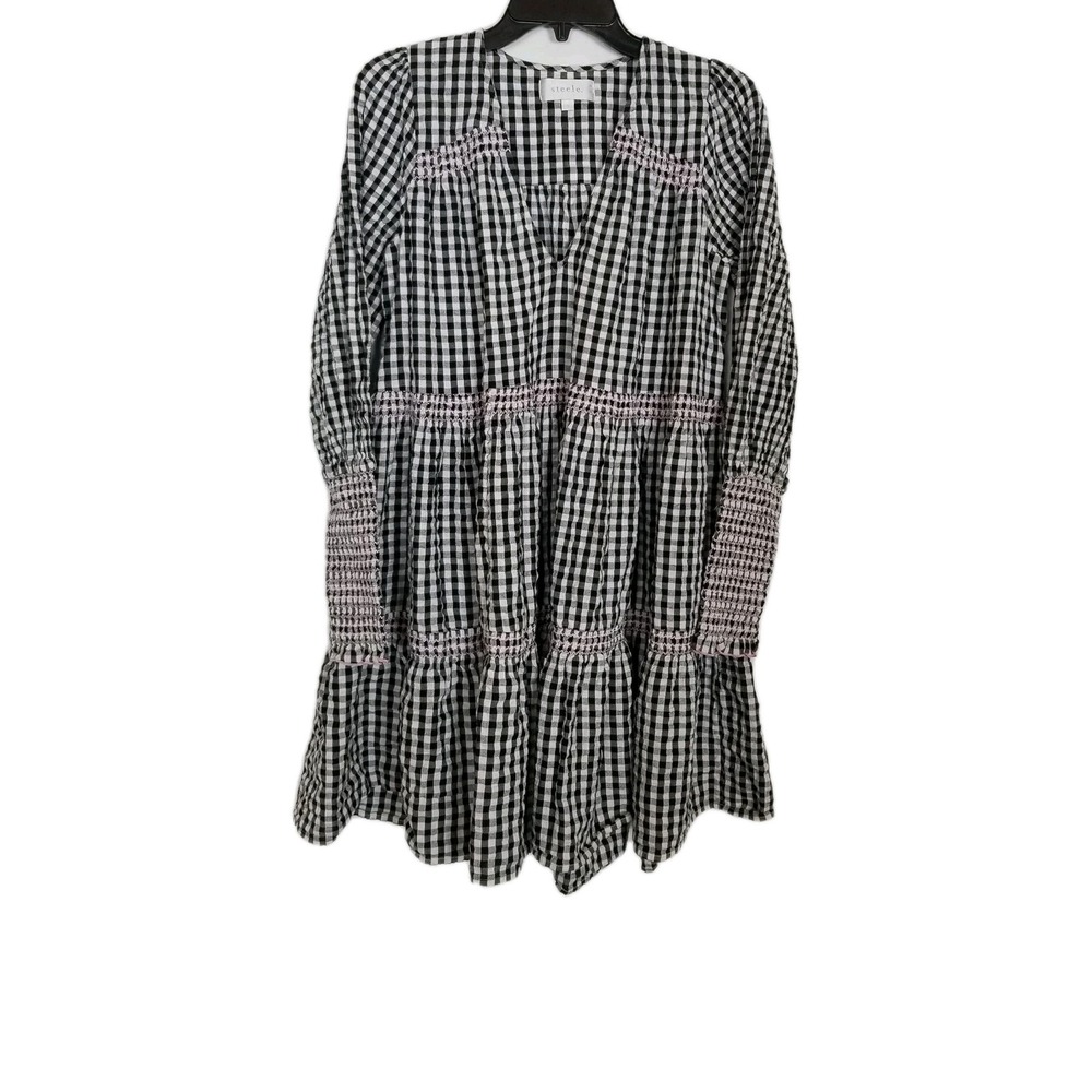 Steele‎ Anika Tiered Dress Sz S Black White Gingham Boho Long Sleeve Party